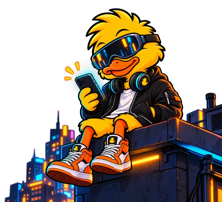 The cool DuckIn duck sitting on a rooftop, checking his phone