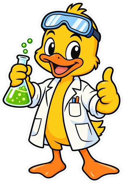 The DuckIn Labs mascot, a duck scientist in a lab coat giving a thumbs up. Click to poke.